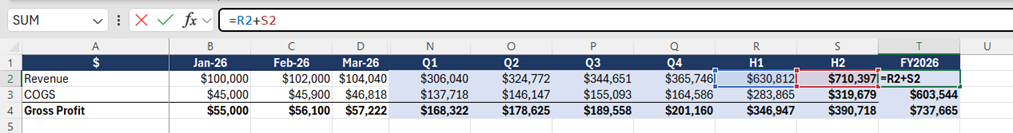 Excel formula summing H1 and H2 into FY2026