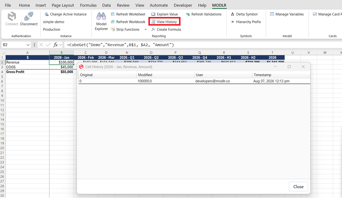 The MODLR Excel Add-in ribbon with View History highlighted, opening the Cell History for the same cell