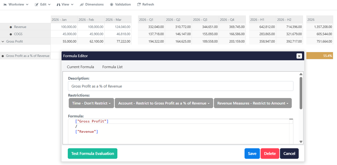 MODLR Formula Editor open over the full 2026 Workview, with the formula still unrestricted on Time