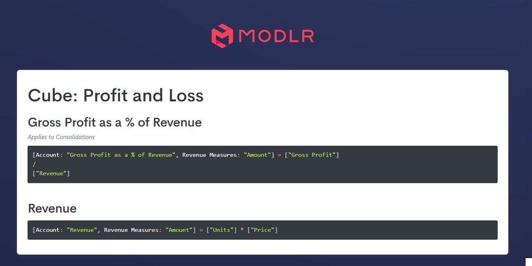 Auto-generated documentation for the Gross Profit as a % of Revenue and Revenue formulas on the Profit and Loss Cube